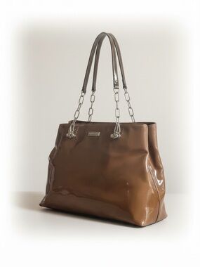 Kate Spade Patent Leather Tote Brown Gold Chain Large Shoulder Bag EUC